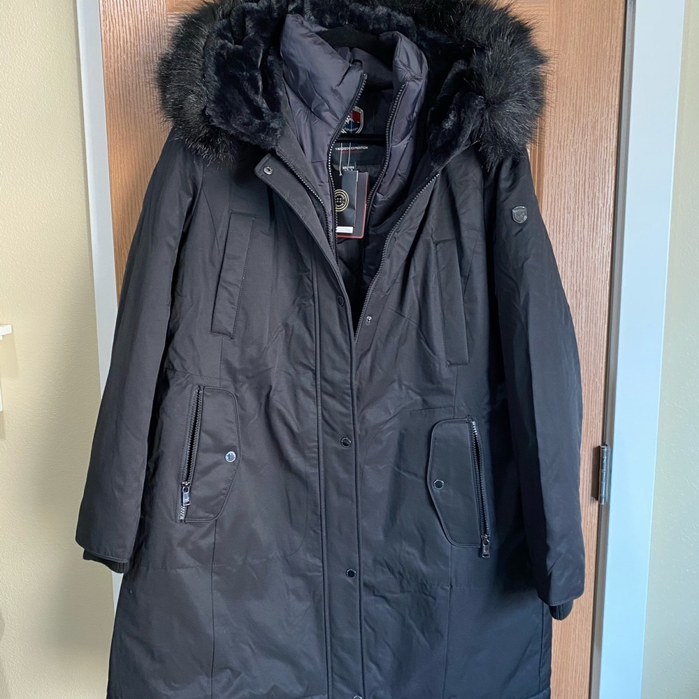 NWT XXL 1Madison Black Parka FauxFur Double Zipper